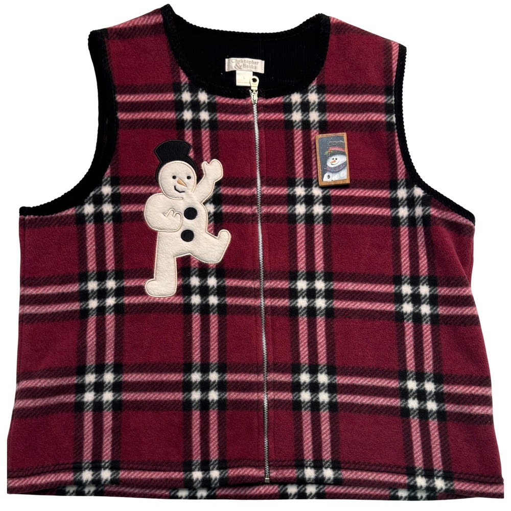 Christopher & Banks Red Plaid Snowman Fleece Vest Zip Up Women Large Holiday
